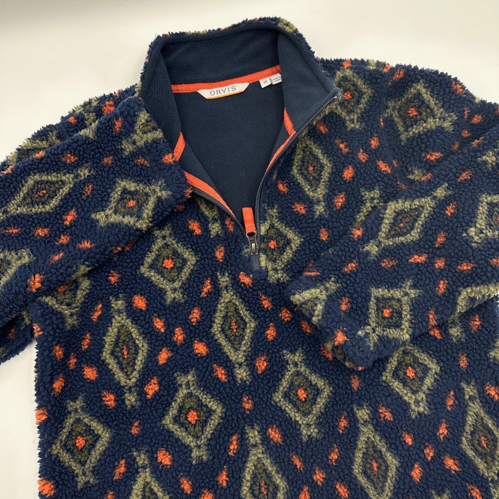 Orvis Mens Medium Sherpa Fleece Quarter Zip Pullover Southwest Diamond Navy Blue
